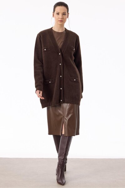 Tığ Triko İnci Düğmeli Triko Hırka ACI KAHVE