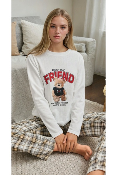 CARLA MARA Σετ γυναικεία πιτζάμα Teddy Bear με τύπωμα καρό κάτω επένδυση fleece