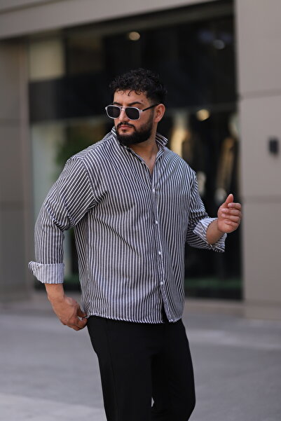 Bürke Черна риза с дълги ръкави и бели ивици, полуоверсайз, за мъже