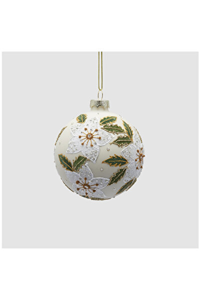 BraziPremium Christmas tree globe with flowers and leaves, 8 cm, white