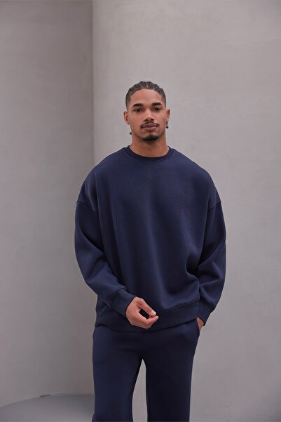 GIA - ART Men's Oversize Tracksuit Set Basic Navy Blue – Crew Neck, Elasticat...