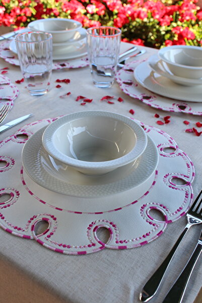 YXL HOME Amerikan Servis 6'LI Takım Suni Deri Nakışlı Yuvarlak Lüks Yemek Masası Takımı