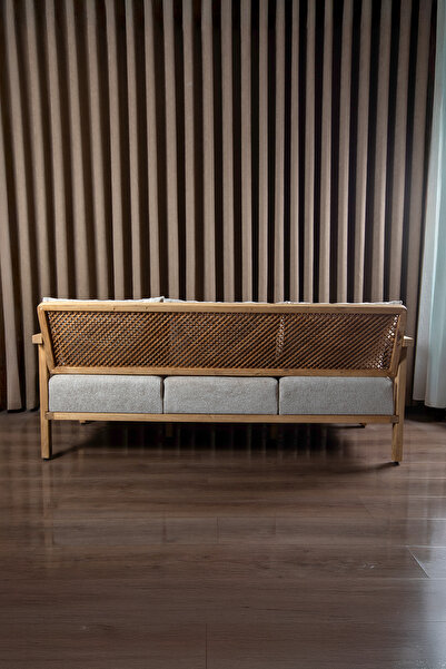 Aberteka Merlin Hazeranlı Doğal Ahşap MEŞE Renk, Sütlü Kahve Teddy Kumaş Üçlü Koltuk