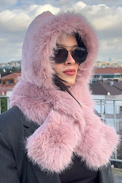 Mollycrush Peluş Boyun Bağlamalı Şapka Bere Suni Kürklü Özel Tasarım Atkılı K...