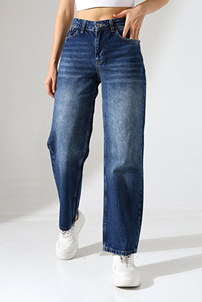 CARLA MARA بنطلون جينز نسائي متوسط ​​اللون الأزرق عالي الخصر وواسع الساق