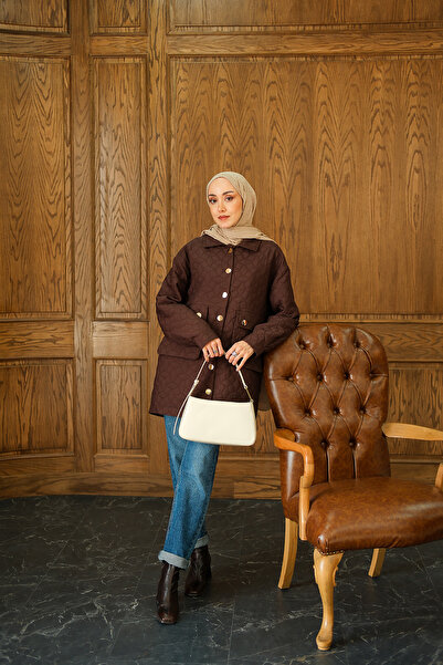 LOCCO Kadın Kapitone Desen Gold Düğme Detay Ceket Kahverengi