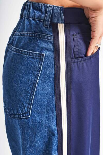 its basic Kadın Kot Rengi 1w5-5 Palazzo Fit Bol Kesim Parçalı Kumaş Özel Tasarım Denim Pantolon