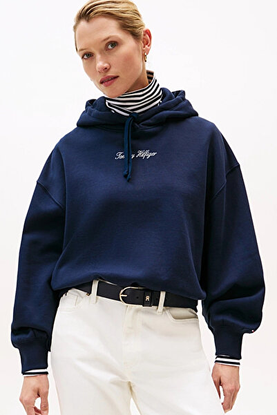 Tommy Hilfiger Kadın Rahat Kalıp Düşük Omuzlu Kapüşonlu Sweatshirt - Lacivert