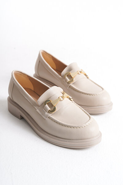 Shoesers Kadın Özel Tasarım Kalın Tabanlı Gold Tokalı Günlük Loafer Oxford Ayakkabı