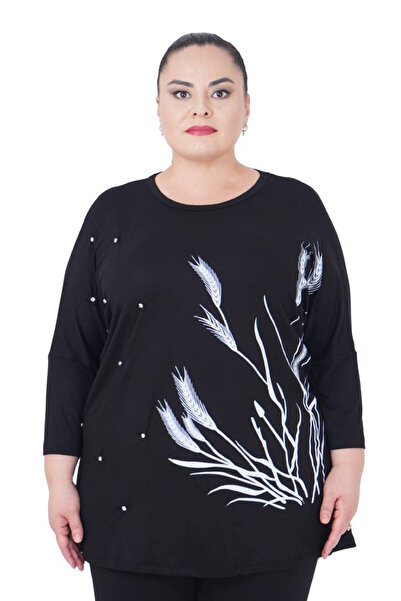 Darkmen Kadın Büyük Beden Siyah İnci Detaylı Oversize Bluz