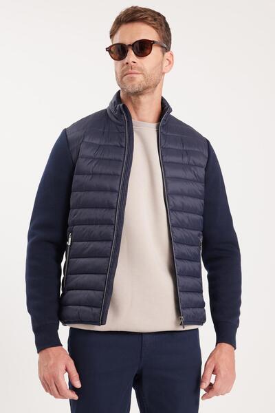 Tudors Erkek Relax Fit Rahat Kesim Kapitone Kollar Triko Çift Cepli Lacivert Mont