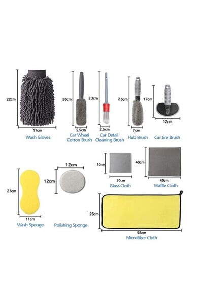 Flippy Σετ 12 αξεσουάρ καθαρισμού αυτοκινήτου, Flippy, εσωτερικό και εξωτερικό, καθαρισμός ζαντών και ελαστικών, γκρι