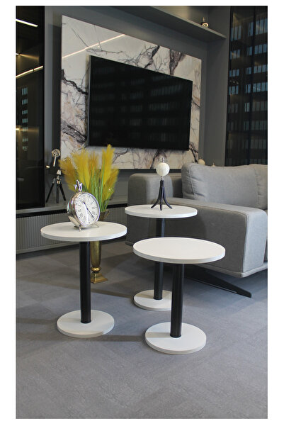 DECORAMİS Roma Zigon Sehpa Beyaz 3'lü - Zigon Sehpa 3'lü - Beyaz Zigon Sehpa