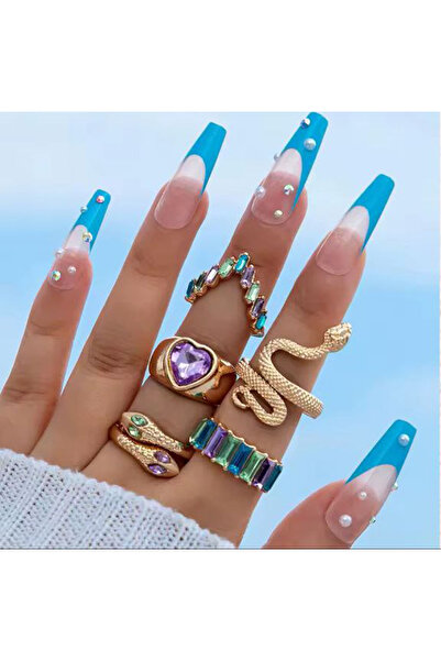 Shiklik مجموعة من 5 خواتم نسائية من الفولاذ على شكل ثعبان وقلب مرصعة بالأحجار