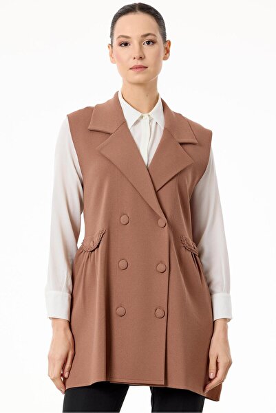 Tığ Triko Yanları Büzgülü Rayon Yelek KAHVE