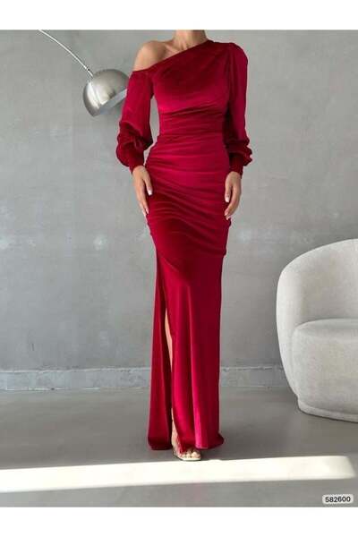 Modafeminen Slit Open Shoulder Maxi Length Velvet Fabric Evening Dress Red 582600