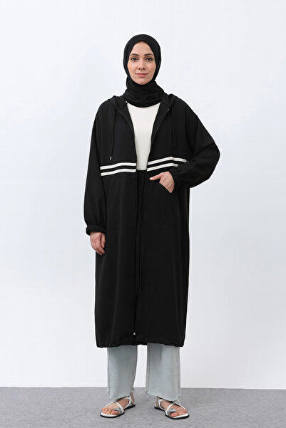 Gül İki İplik Kumaş Çizgili Tesettür Kap – Fermuarlı, Rahat ve Şık Spor Dış G...