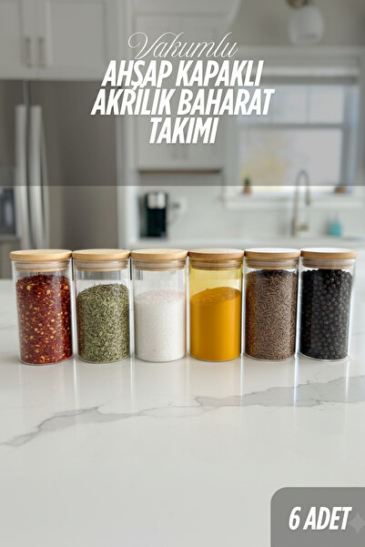 Denizcan Home طقم علب توابل أكريليك مفرغة الهواء بغطاء خشبي مع ملصقات هدايا 6...