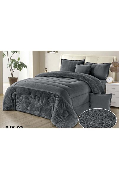 Ghinwa Winter Double Bed Set 6 Pieces in Velvet and Faux Fur Design