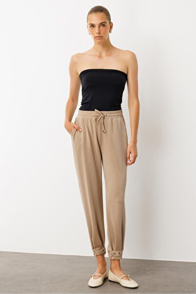 Moda İlgi Modailgi Beli Lastikli Yandan Cepli Paçası Kuşgözü Bant Detaylı Ve Pileli Örme Pantolon - 15051 Viz