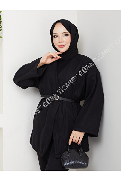 Güba Ticaret Kemerli Uzun Kaşe Kimono Hırka