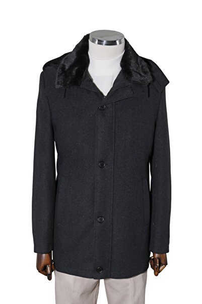 Globay Pamuklu Çıkarılabilir Kürklü Kapüşonlu Kaşe Kaban