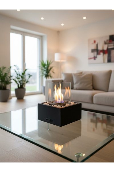 CopArt Quadrata Siyah Biyoetanol Masaüstü Beton Şömine - 1 Lt Yakıt Ve Dekoratif Taş Hediye