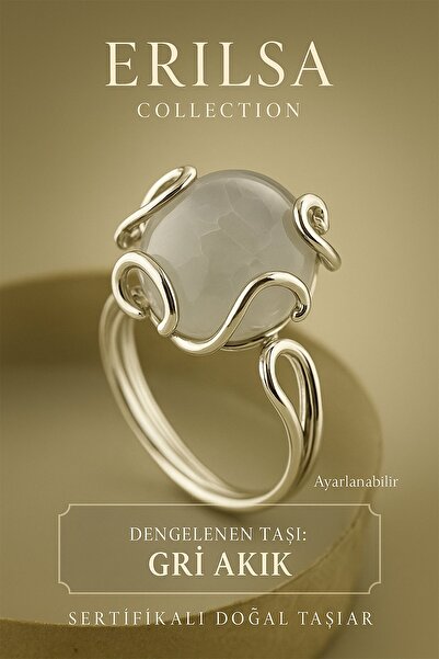 Erilsa خاتم من حجر العقيق الرمادي الطبيعي المعتمد - تصميم أنيق قابل للتعديل - التوازن والطاقة