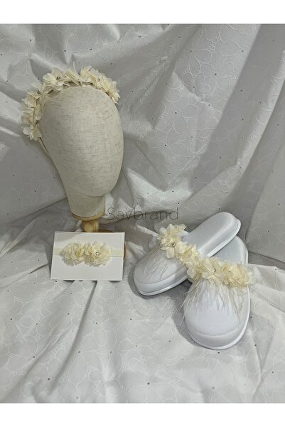 SavBrand 3-Piece Maternity Set - Laser Floral Slippers with Stones and Feathers + Crown + Bandana