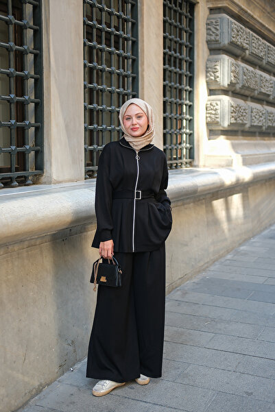 LOCCO Женски комплект с капси с детайли от кожа, черен