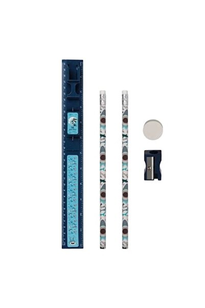 ANTBRO Set școlar „Sharks Bleu” – 5 piese cu riglă