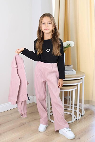 Hirazenmoda Girl's Ribbed Tracksuit Set with Zippered Cardigan, Sweatshirt and Pants 3-Piece Set – Powder