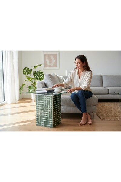 Aurelya El Yapımı Seramik Mozaik Kaplamalı Cam Üst Sehpa – Modern & Şık Yan S...