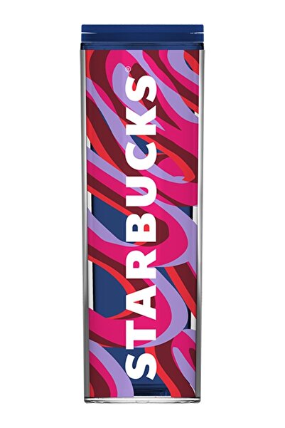 Starbucks Lacivert Pembe Desenli Plastik Termos - 473