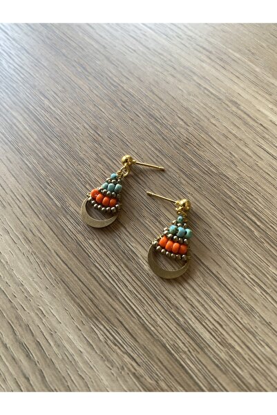 dela otantik El Yapımı Bohem Turkuaz taşlı Turuncu Boncuklu Sallantılı Küpe – Otantik Etnik Bijuteri Takı