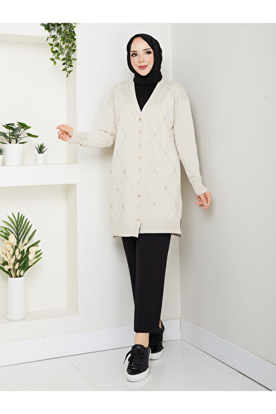 KMKkombin Γυναικεία πλεκτή ζακέτα με λεπτομέρεια με χάντρες και κουμπιά