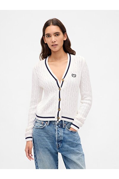 GAP Kadın Beyaz %100 Pamuk Cable Örgü Crop Logo Hırka