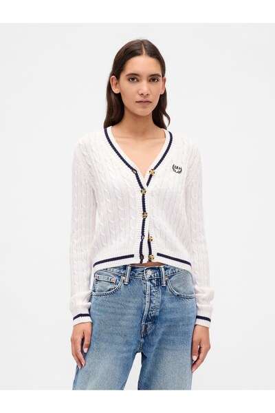 GAP Kadın Beyaz %100 Pamuk Cable Örgü Crop Logo Hırka
