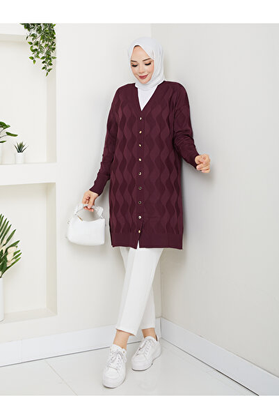 KMKkombin Women's Wave Patterned Buttoned Long Sleeve Cardigan