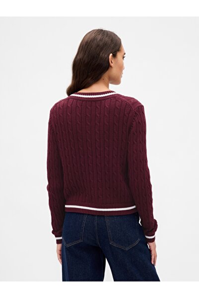 GAP Kadın Bordo %100 Pamuk Cable Örgü Crop Logo Hırka