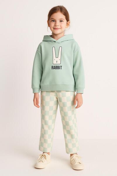 RAPAPA Παιδικό σετ αθλητικής φόρμας με κουκούλα με σχέδιο κουνελιού 3 νήματα (Ηλικία 5-8) 10761 Πράσινο
