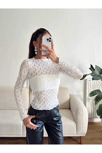 Zoom Butik Transparan Dantel Bluz - BEYAZ