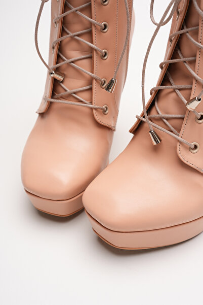 Ayakkabı Ateşi Kadın Bağcıklı Fermuarlı Yüksek Topuklu Bot Viole Nude Cilt