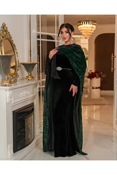 DADO BELLA Siyah Kadife Elbise Üzeri Zümrüt Yeşili Payetli Pelerinli Bisiklet...