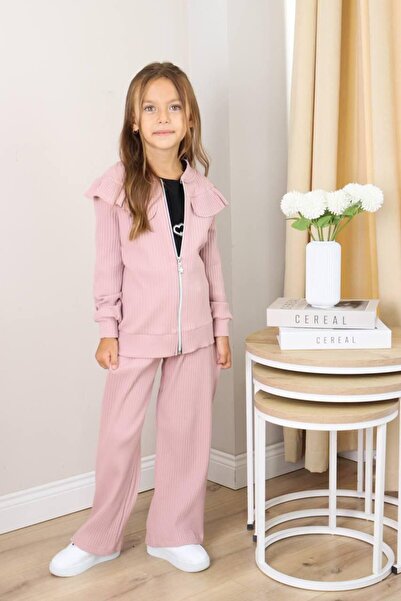 Hirazenmoda Girl's Ribbed Tracksuit Set with Zippered Cardigan, Sweatshirt and Pants 3-Piece Set – Powder