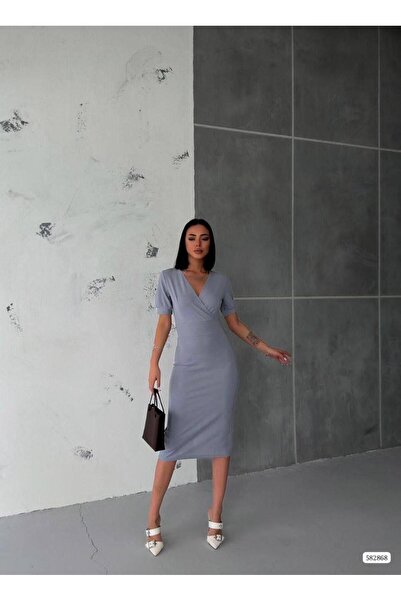 Modafeminen Double Breasted Collar Short Sleeve Pencil Dress Grey 582868