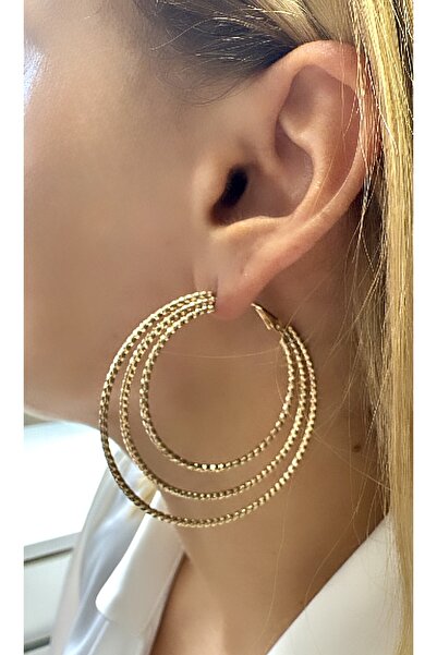 VNS Accessories Rodyum Kaplama İç İçe Dilimli Görünüm Halka Küpe (6 cm)