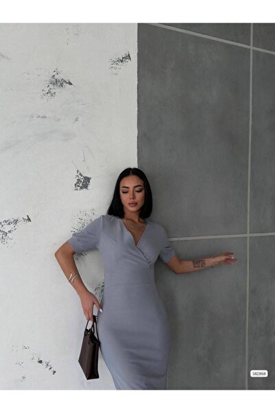 Modafeminen Double Breasted Collar Short Sleeve Pencil Dress Grey 582868