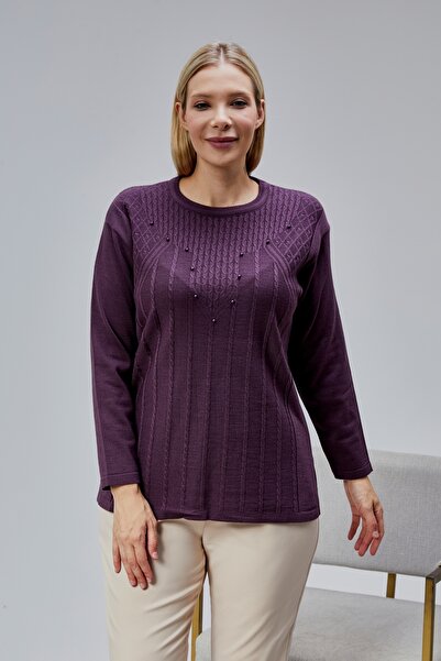 Jinx Wear Fashion Kadın Triko Yan Yırtmaç İnci Detay Kışlık Orta Yaş Günlük Anne Bluz Kazak