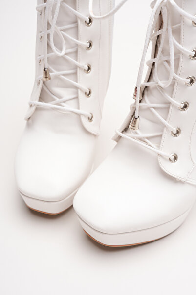 Ayakkabı Ateşi Γυναικείες μπότες με κορδόνια με φερμουάρ ψηλοτάκουνες μπότες βιολετί λευκό δέρμα